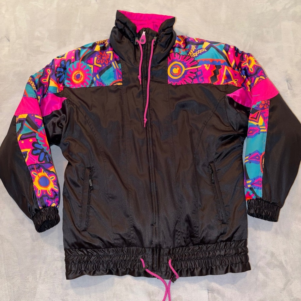 Vintage Skyr Ski Jacket Womens 8 Black Neon Pink Geometric 80s Windbreaker Retro